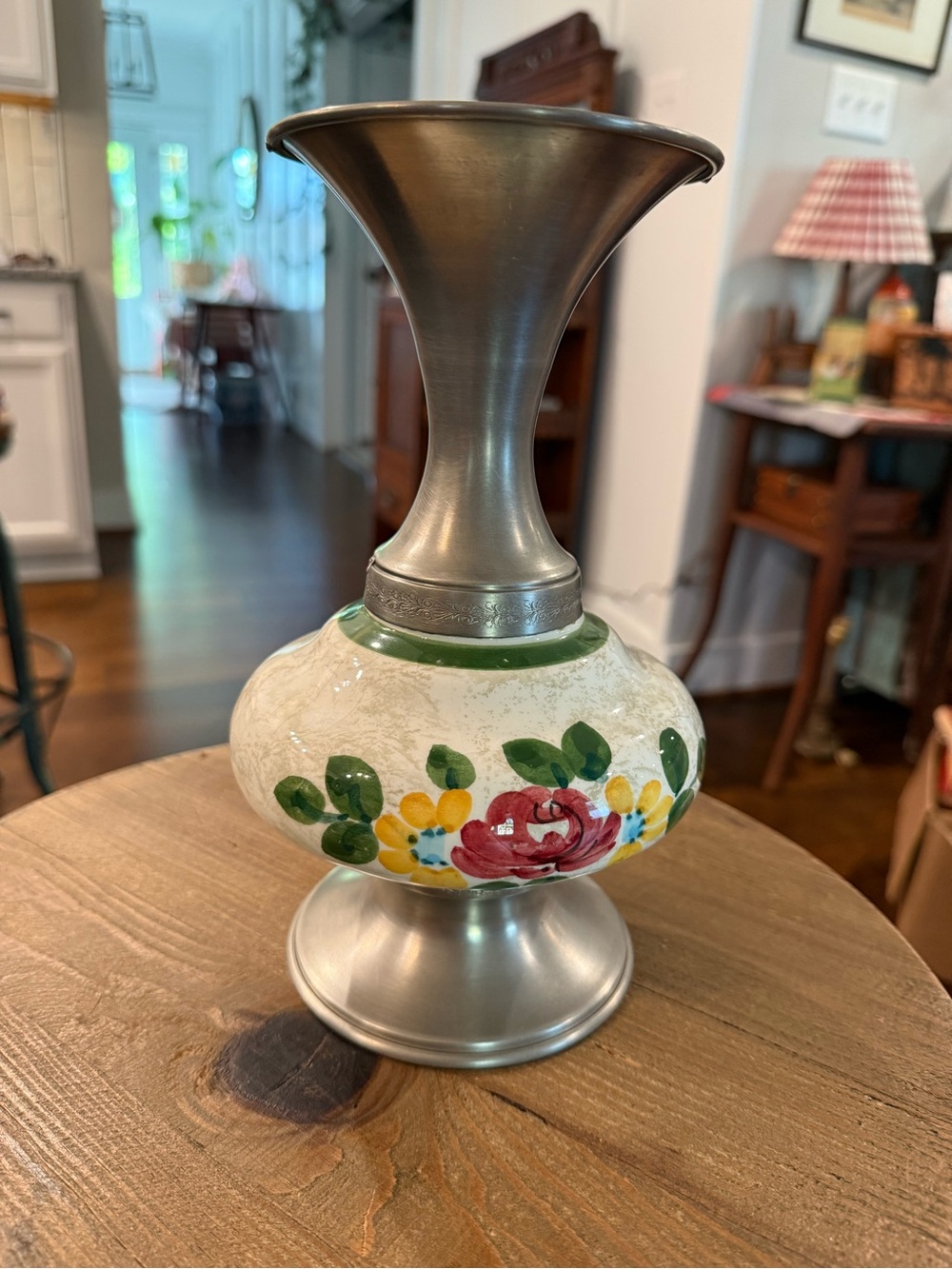 Vintage Pewter and Hand-painted Ceramic Decorative Vase